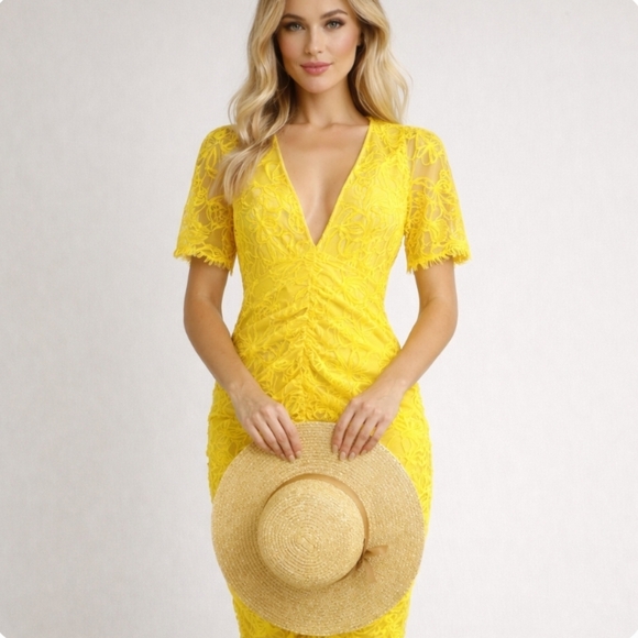 Zara | Yellow Lace Ruched Midi Bodycon Dress - Picture 10 of 11